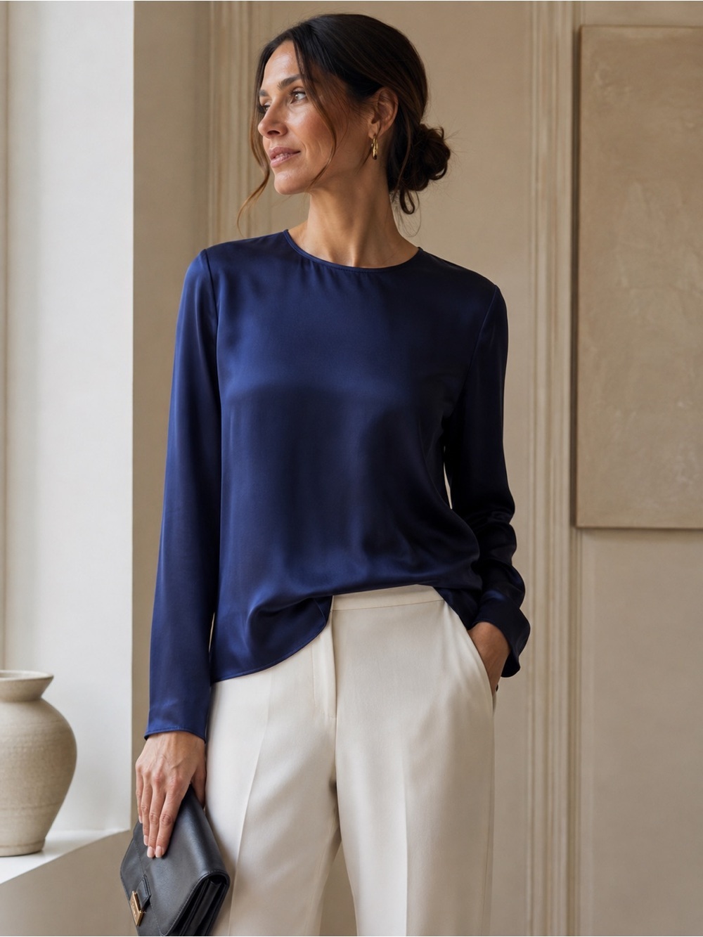 MaxMara Leisure Fluid Navy Long-Sleeve Silk Blouse - Small